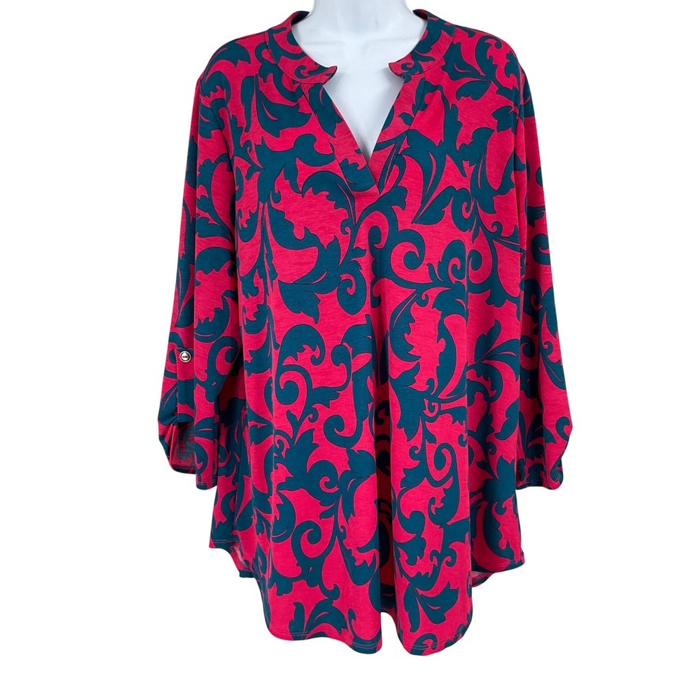 Dear Scarlett Tunic Top Womens XL Pink Teal Damask Scroll Roll Tab Sleeve Lizzy